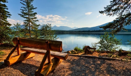 Bench-on-the-shore-of-a-mountain-lake - sky, lake, trees, mountain, place, bench