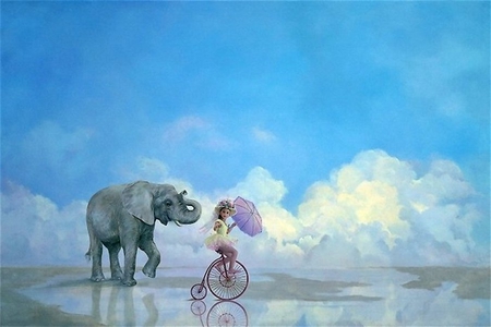 By Lynn Lupetti - umbrella, animal, elephant, lynn lupetti, painting, girl, children, art