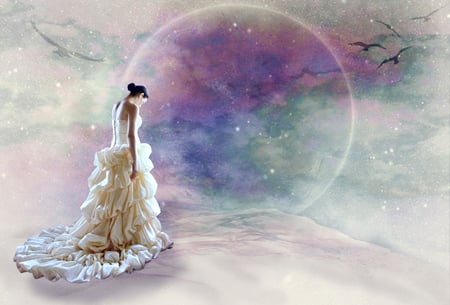 Ice Princess - ice, woman, stars, pink, blue, lavender, birds