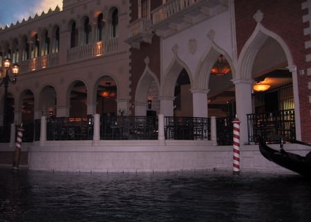 Gondola & Architecture in Vegas  - modern, pillars, red, gondola, architecture, water, arches, vegas