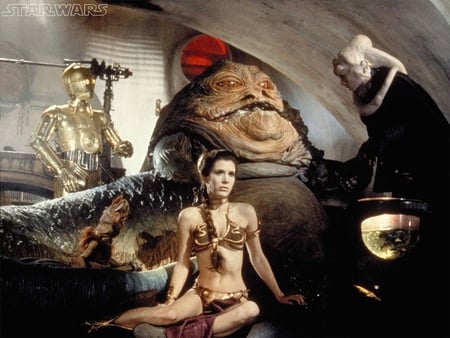 return of the jedi - aliens, bikini, seated, c3p0, leia, jabba