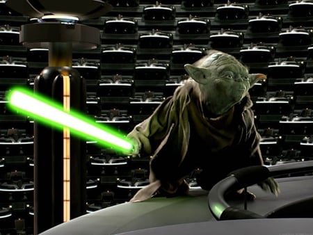 revenge of the sith - pods, light saber, lights, yoda