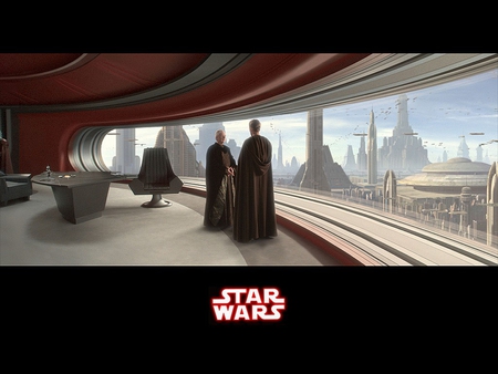 seeds of doubt - clouds, room, ships, blue sky, palpatine, anakin, buildings