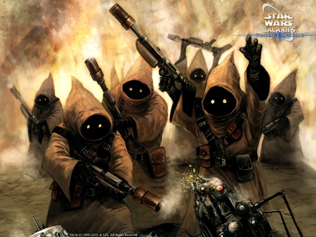 star wars: jawas - yellow eyes, cloaks, droid, weapons, jawas