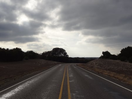 Just Around The Bend - sky, trees, road, clouds