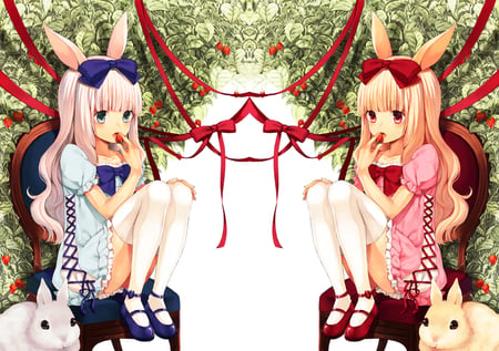 Bunny Girls - girls, female, long hair, pets, bunny, rabbit, twins, bow, ribbon, sisters, dress