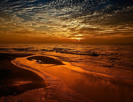 Golden sunset - beach, sky, surf, peaceful, water, sunset, waves, nature, clouds, beautiful, orange, golden, sand