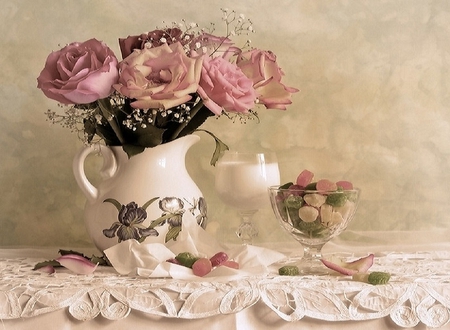 Endearing - sweets, still life, white, petals, green, lace, table, pastels, milk, glass, gum drops, vase, nature, candy, floral, beautiful, pink, flowers