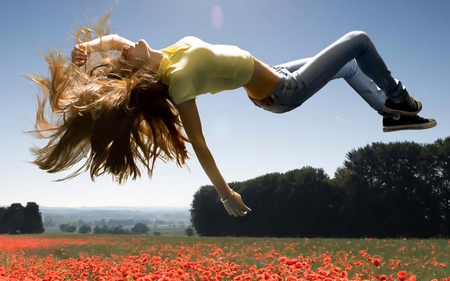 Life is Spring...!!! - quiet, people, shoe, female, flying, joyful, fly, hd, field, jeans, photography, girl, flower, hair, leisure, enjoyment, converse