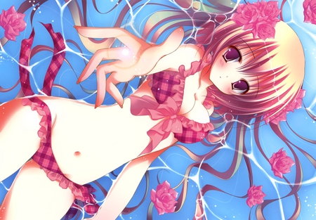 Anime Girl - underwear, hot, eyes, hair, water, purple, dark, anime, cute, sexy, background, girl, light, wallpaper, hd, red, bikini, pink, flowers, blush, flower, blonde