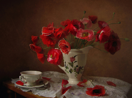 POPPIES - poppies, beautiful, red, white vase, still life, cup