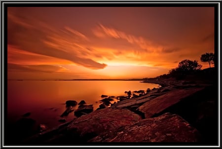 Fiery Sunset - photomanipulation, waer, red, orange, sunset, rocks