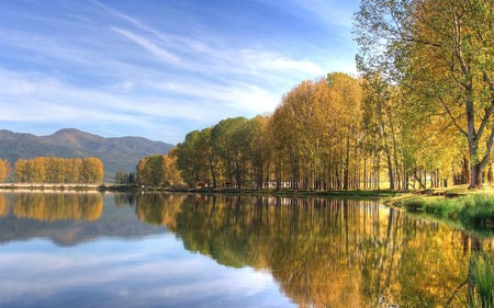 Sunny Autumn Reflections - reflections, sky, autumn, lake, trees, clouds, blue