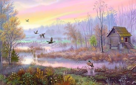 Sunset At Duckpond Swamp - abstract, trees, sunset, nature, swamp, art, ducks, sky