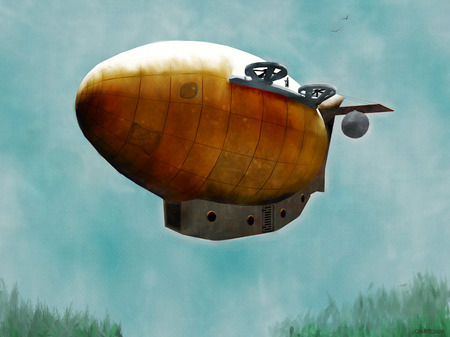 Flying Machine - clouds, blimp, trees, sky