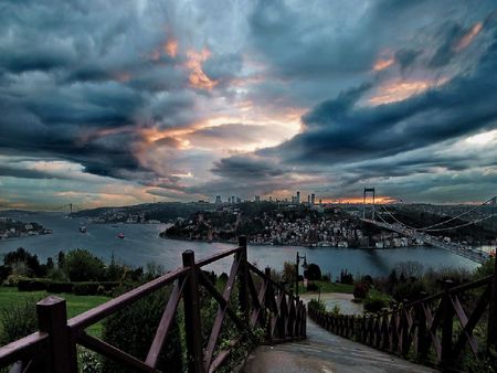 	again-istanbul - clouds, sea, travel, city, stars, bosphorus, tourism, istanbul, turkey, bridge