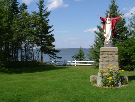 Untitle - trees, water, blue sky, grass, statue