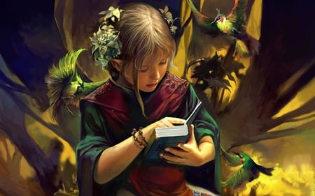 Book - engrossed, birds, people, female, book, alone, peace, flowers, hd, storybook, beautiful, reading, girl, beauty, flower, life, wonderful, fantasy, painting, cute, little, dreamy