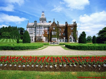 Beautiful Ireland - tower, garden, ireland, clouds, beautiful, flowers, castle