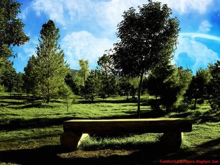 Digital Beauties - trees, beauties, green, digital, garden bench