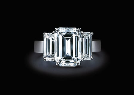 Emerald Cut Diamond Ring - black, white, photography, diamonds, diamond ring