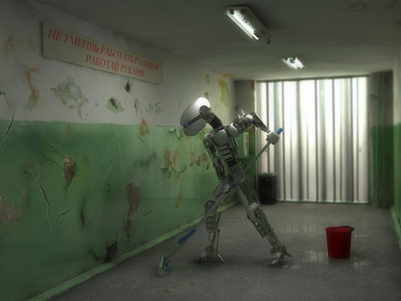 The Janitor - hallway, mop, bucket, 3d, walls, robot