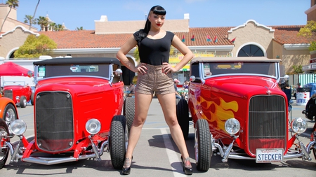 Gentlemen Start Your Engines - hotrod, highboy, legs, eyes, rod, face, ford, custom, heels, beautiful, hot, girl, hair, street, black, lips, babe, lady, woman, vintage, classic, rockabilly, shorts, sexy, antique