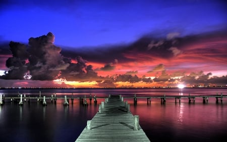 the dock at dusk - beauty, sky, photography, water, sunset, nature, evening, clouds, bridge, lights