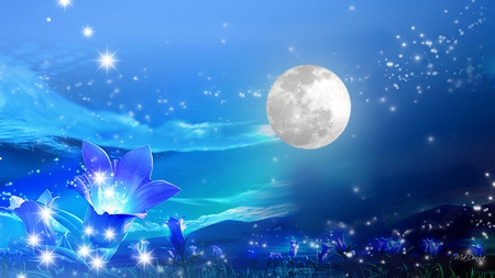 Moon Glow - sky, stars, full moon, blue, night, mountains, flowers, space