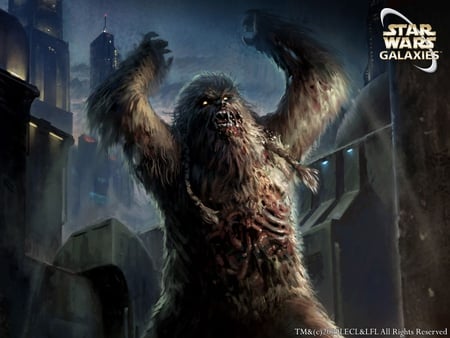 star wars galaxies - lights, buildings, dead wookie, clouds