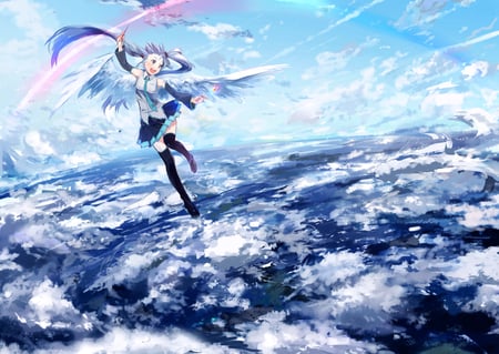 Miku - hatsune miku, blue hair, sky, vocaloid, long hair, dress