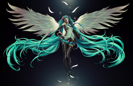 Angel Miku - outfit, virtual, miku, digital, vocaloids, song, feathers, leggings, uniform, singer, gray, cool, awesome, vocaloid, thighhighs, anime, blue, cg, skirt, singing, stunning, aqua hair, hatsune, black, cute, beautiful, amazing, girl, anime girl, wings, white, stockings, program, aqua eyes, angel miku, artistic, pretty, aqua, thigh highs, beauty, art, diva, nice, tie, idol, music, angel, hatsune miku