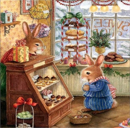 Susan Wheeler. Chocolate cake (DETAIL) - sweets, bunny, fantasy, shop, christmas, painting, art, rabbit, window, susan wheeler, red, store, holiday, sweet, chocolate