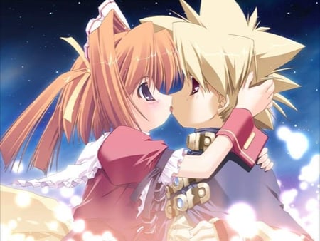 First Kiss - anime, girl, boy, colorful, bubbles, kiss, couple, chrono, other