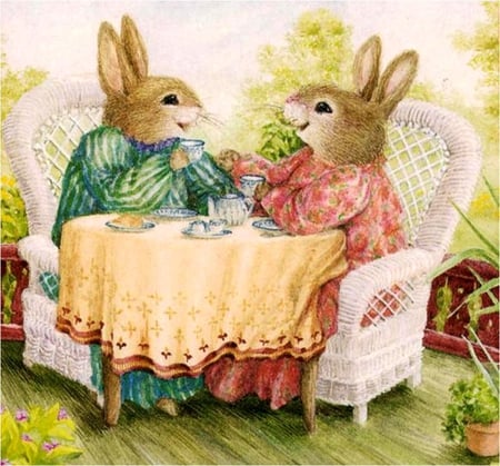 By Susan Wheeler - cute, susan wheeler, table, oil, art, bunny, chair