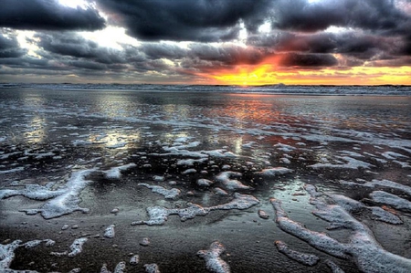 The End of a Cold Night. - nature, beach, sky, cloud, sun, water, wave