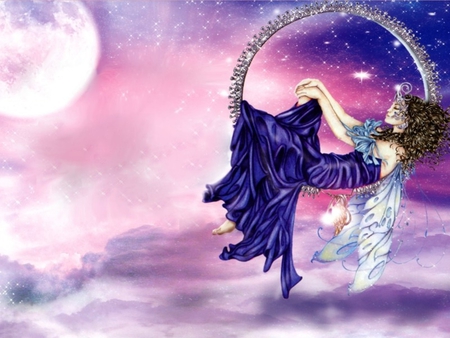 PURPLE FAIRY - moon, purple, female, pink, clouds, wings, fairy