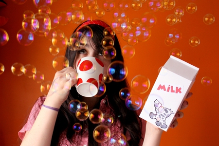 Drinking milk - women, balloons, girl, milk, cup