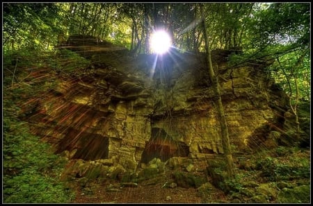 Beam of Sun Light - rock, beam, trees, sun