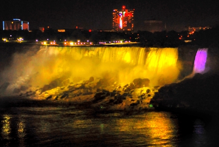 Waterfall at Night - waterfall, picture, beautiful, lights, at night