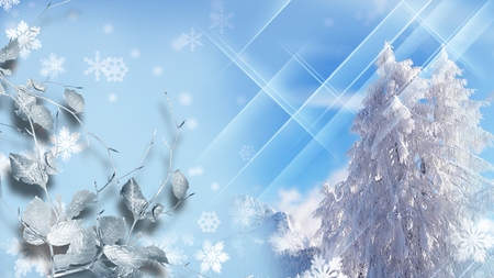 Winter World - sky, stars, trees, winter, mountains, snowflakes, sparkle, christmas, bright, cold, snow, blue, freeze, leaves, snowing, frozen