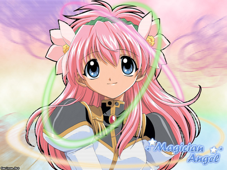 Magician Angel - anime, milfeulle sakuraba, galaxy angel, pink, flowers, colorful, lights, streaks, magician angel