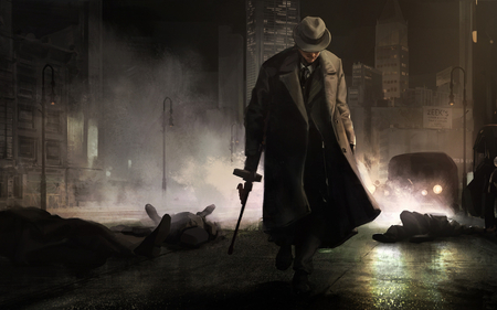 Hitman - gun, city, night, godfather, hitman, street, car, mafia, lights, corpses