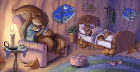 By Phyllis Peacock - bed, candle, squirrel, phyllis peacock, child, drawing, nature, art, sleep, window, cute