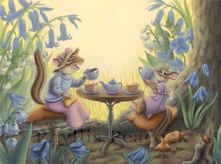 By Phyllis Peacock - garde, squirrel, tea, phyllis peacock, drawing, nature, art, tree, cute, friend