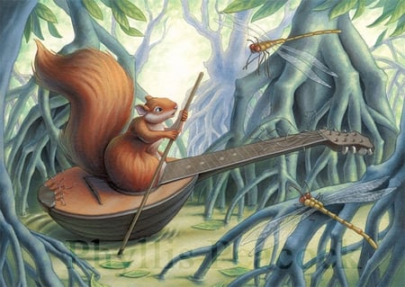 By Phyllis Peacock - guitar, squirrel, music, phyllis peacock, drawing, nature, art, tree, cute