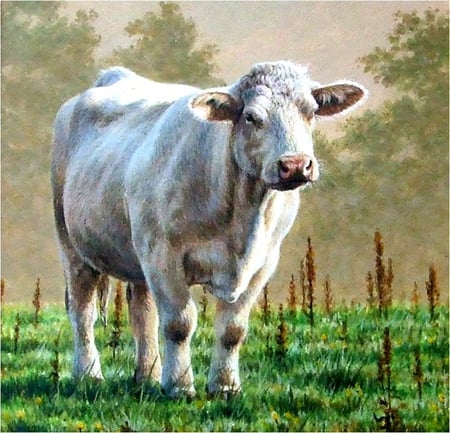 Cow - animal, cow, painting, art, grass