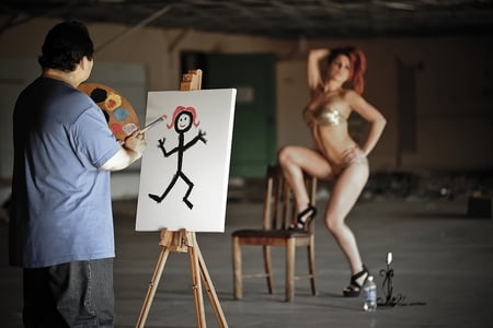 The Artist - paint, goofy, humor, stickman, wrong line of work, lady, funny, subject, pose