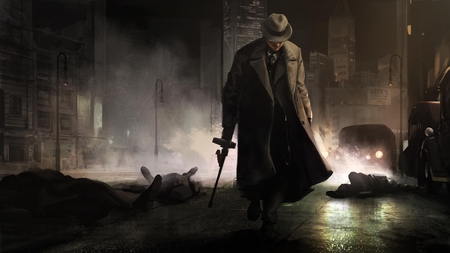 Mafia - cars, criminal, night, gentle, dark, stunning, style, hd, gangster, weapon, coat, crime, action, adventure, video game, hat, game, fog, gun, spy, digital art, death, dual screen, mafia 2, digital painting, cg, mafia, gentleman, dead, mafia ii, 3d