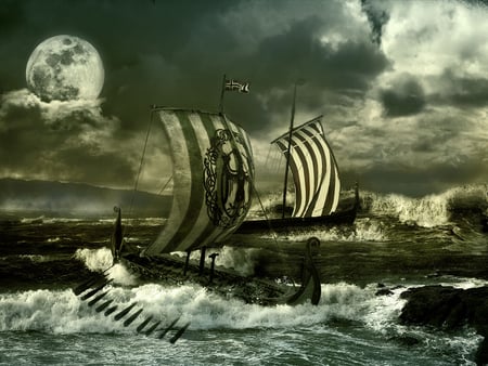 The storme is coming - storm, clouds, moon, interesting, sea, night, boats, viking, waves, ships, background, sky